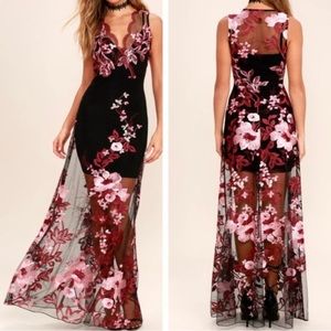 Lulus Work the Bloom Wine Red and Black Embroidered Maxi Dress